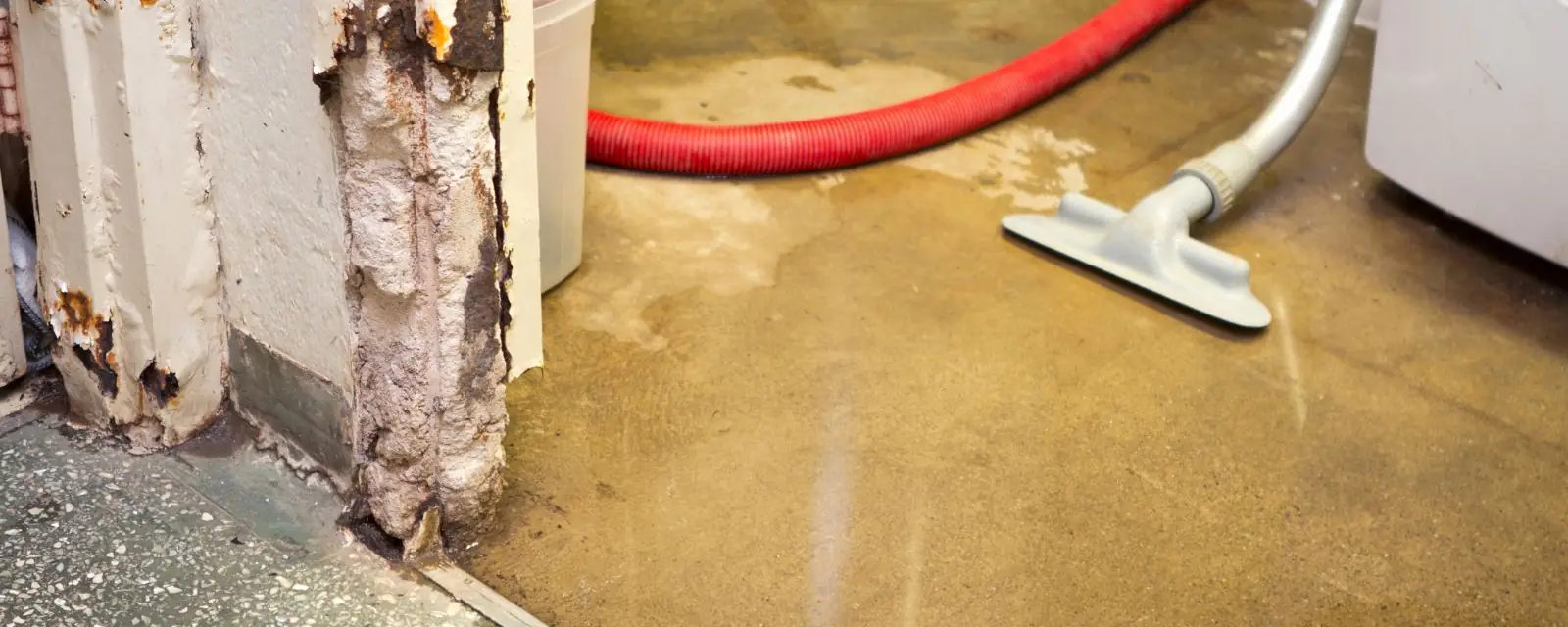 Extraction wand on a wet floor with a red hose running to a truck mounted unit