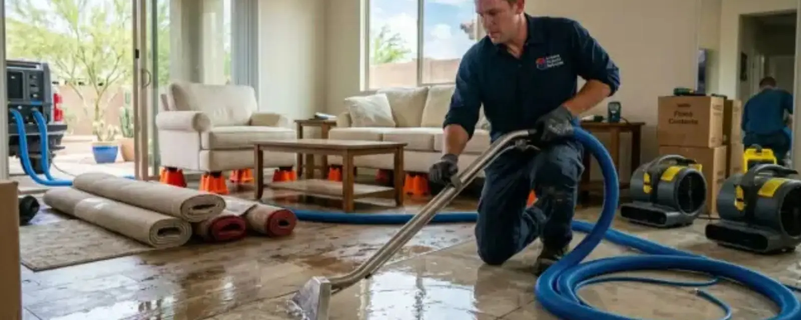 Technician kneeling in a living room with a blue extraction hose and drying fans on a wet floor