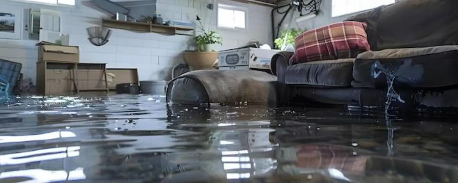 Finished basement with flood water covering the floor and a sofa partly under water