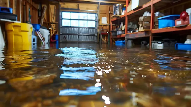 Flooded garage with shelves and storage bins standing in murky water