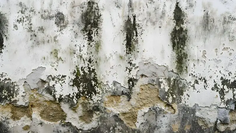 Dark mold patches and peeling paint on a damp wall