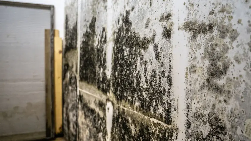 Dark mold growth across a basement block wall beside wood framing