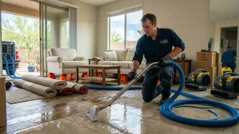 Technician kneeling in a living room with a blue extraction hose and drying fans on a wet floor