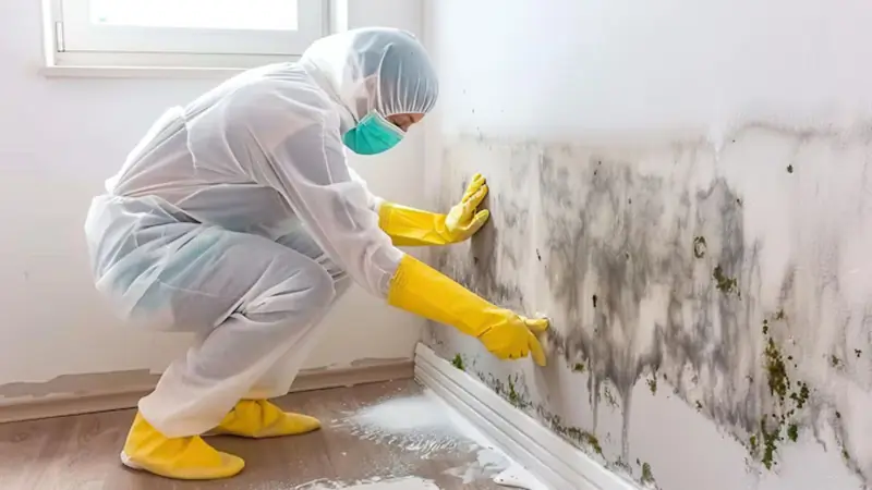 Technician in protective gear crouching to clean mold growth from a wall above the baseboard