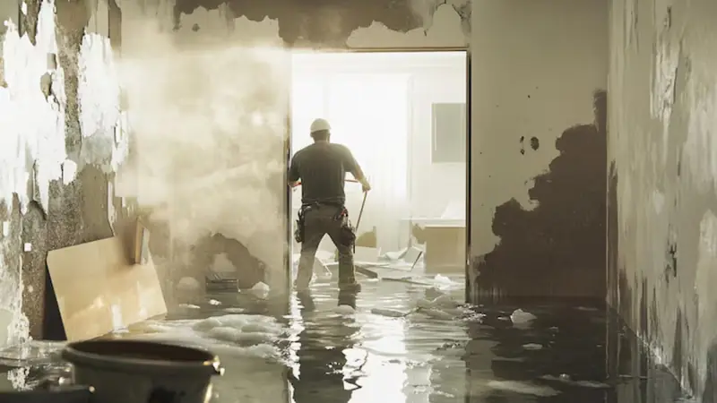 Worker standing in a gutted room with peeling plaster walls and water on the floor